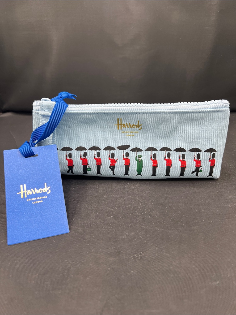 Harrods Pale Blue Guards Illustration Zip Pouch with Gold Logo